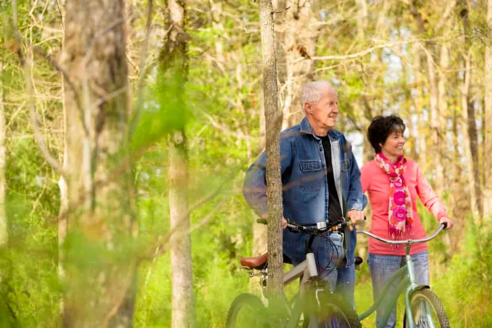 Elderly couple in nature with their bicycles