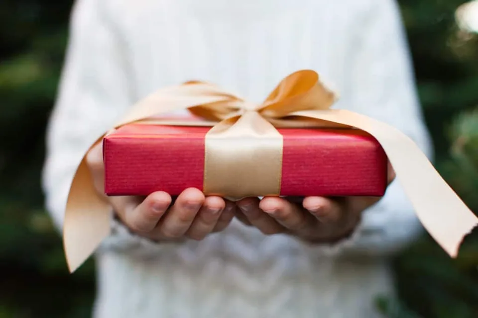 Hands holding a wrappred gift