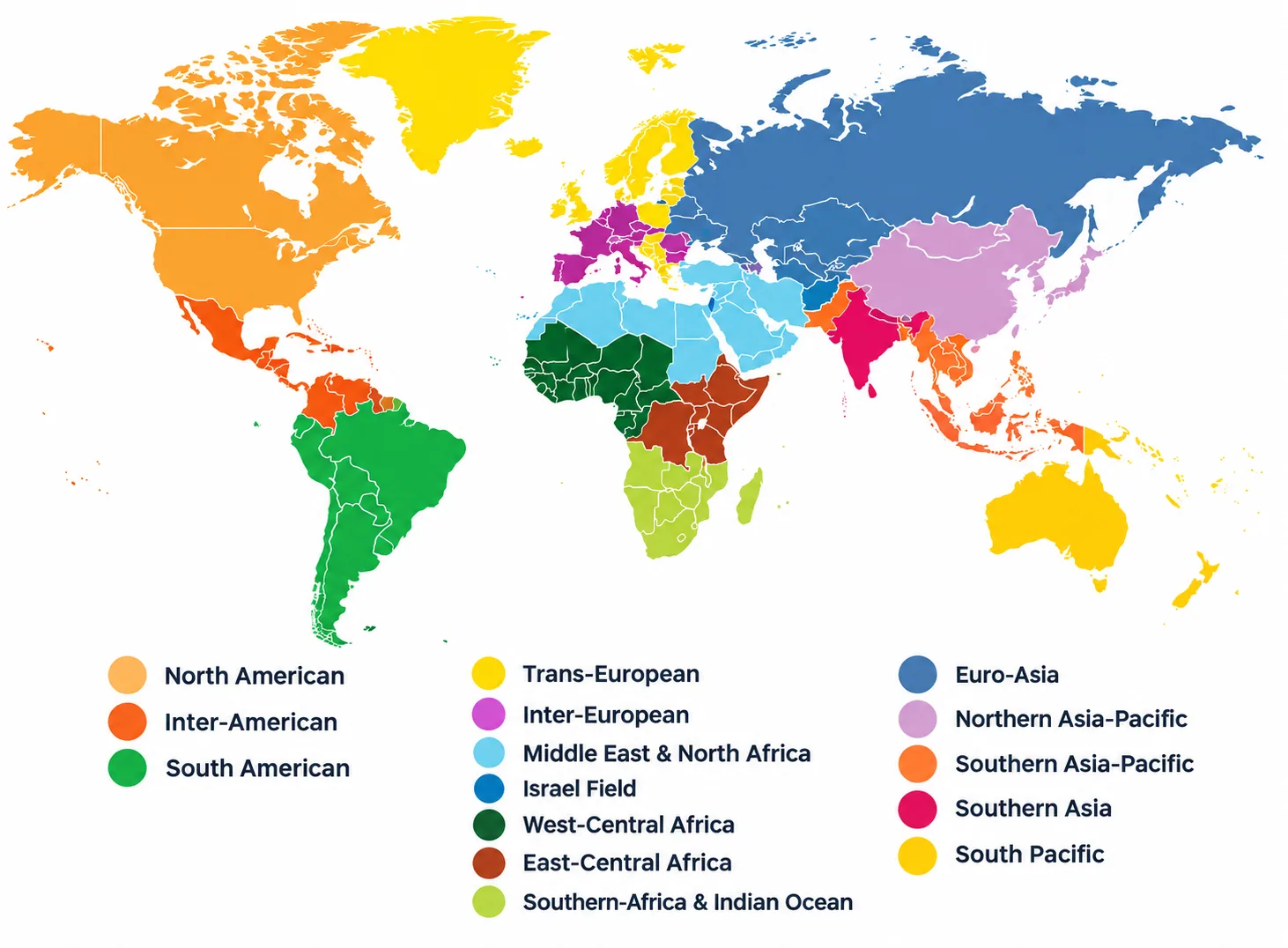 Map of the Seventh-day Adventist Church's thirteen world divisions, each shown in its own colour